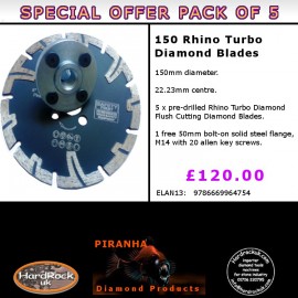 150mm D Pack of 5 Rhino Turbo Granite Prianha Diamond Blade