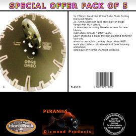 230mm D 9" Black Rhino turbo piranha diamond blade Stone & granite Pack of 5 flush cutting kit